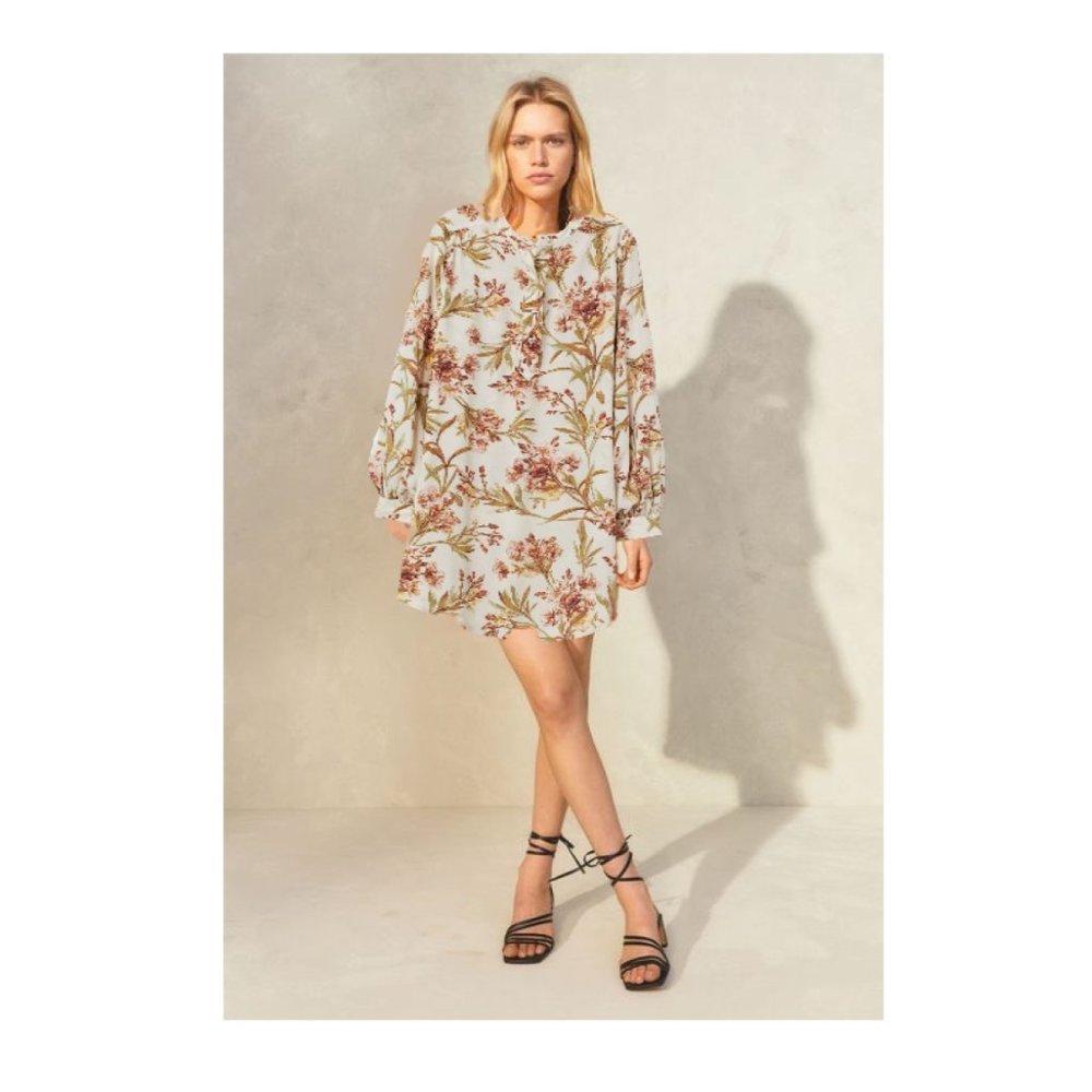 H&M Cream Floral Patterned Tunic Dress Balloon Sleeve Sz 14/L NWT
